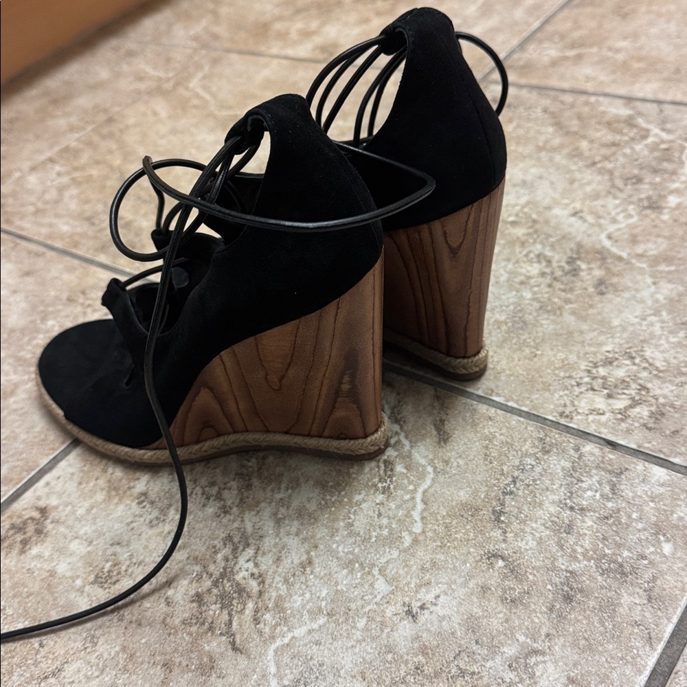 Tory Burch Black Suede Leather Lace Up Tie Tan Wedge Sandal Heels 9.5 - Picture 8 of 14